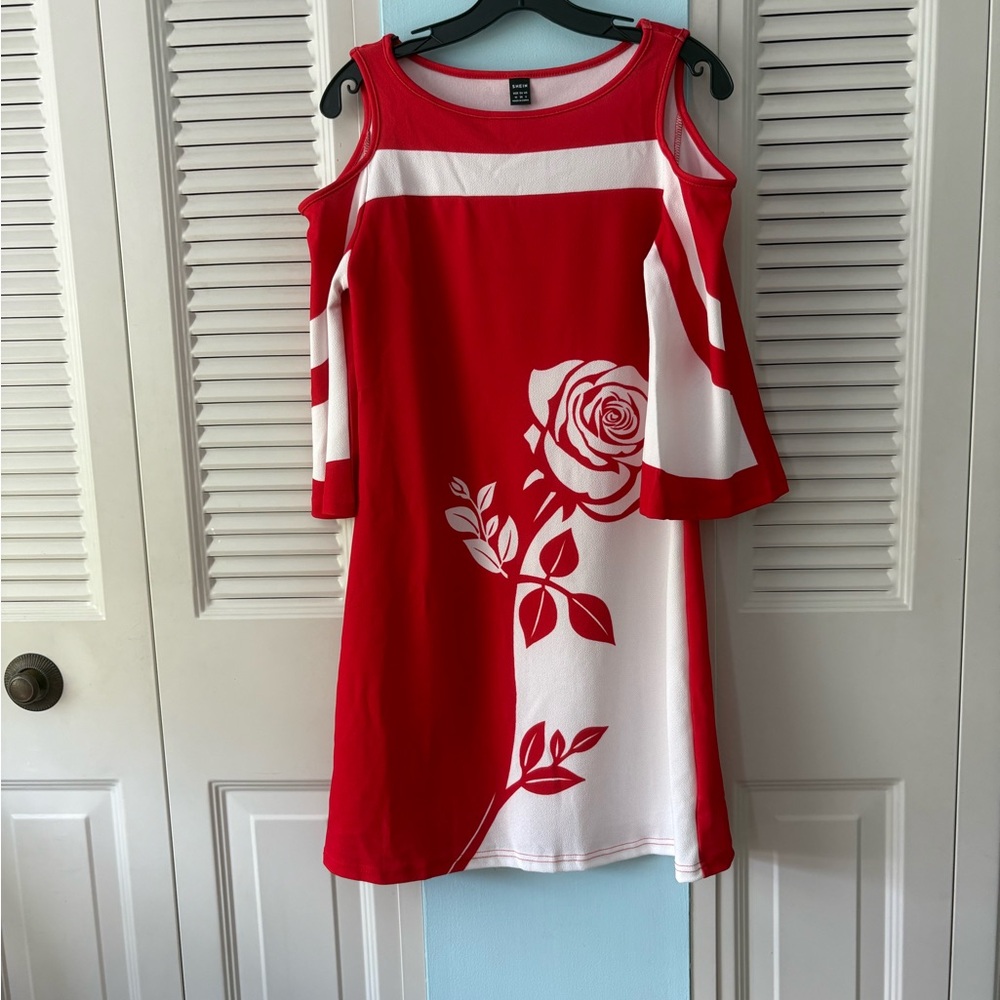 New SHEIN red & white rose cold shoulder belle sleeve dress